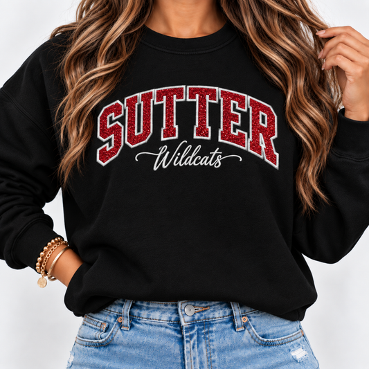 Sutter Wildcats Red Glitter Embroidered Crewneck