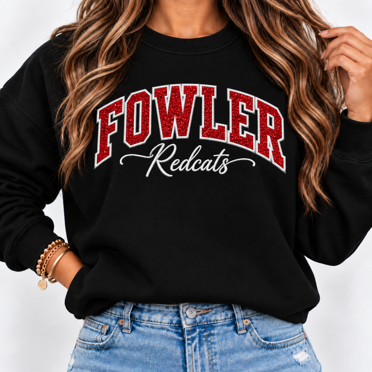 Fowler Redcats Red Glitter Embroidered Crewneck
